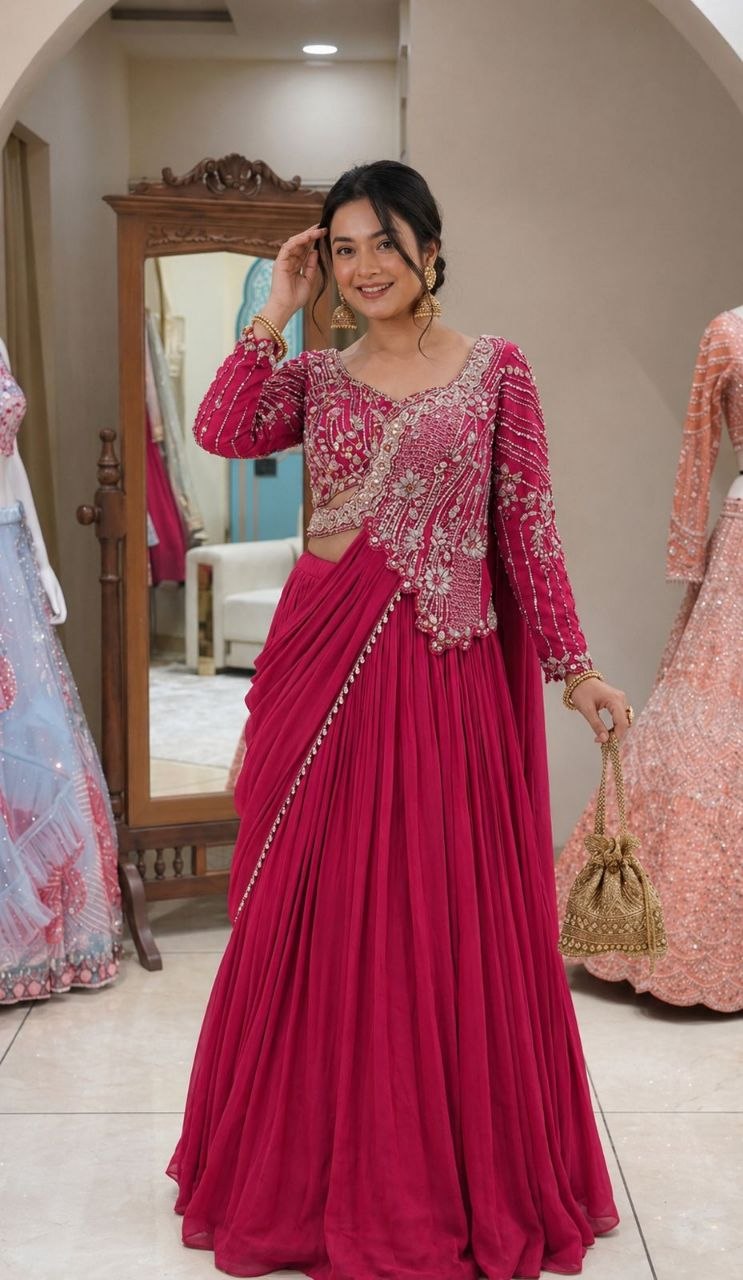 Elegant Embroidered Lehenga Choli Set with Sequins – Fully Stitched Rangoli Fabric Ensemble