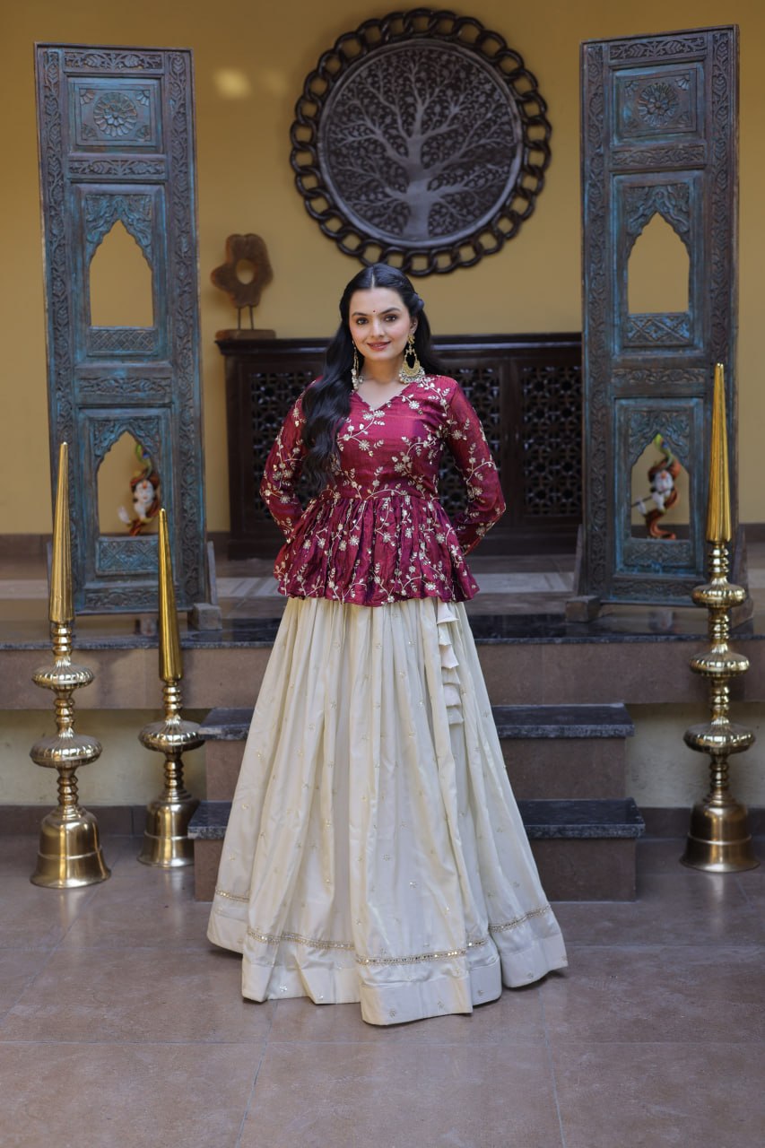 RangBhoomi Elegant Silk Embroidered Crop Top Set with Flared Lehenga and Sequined Detailing