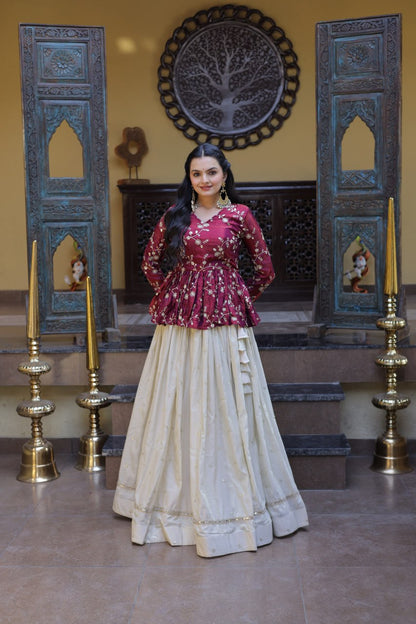RangBhoomi Elegant Silk Embroidered Crop Top Set with Flared Lehenga and Sequined Detailing