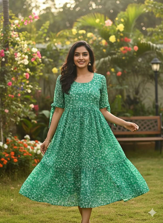 Woman in a flowing green floral maxi dress with tie sleeves standing in a garden.