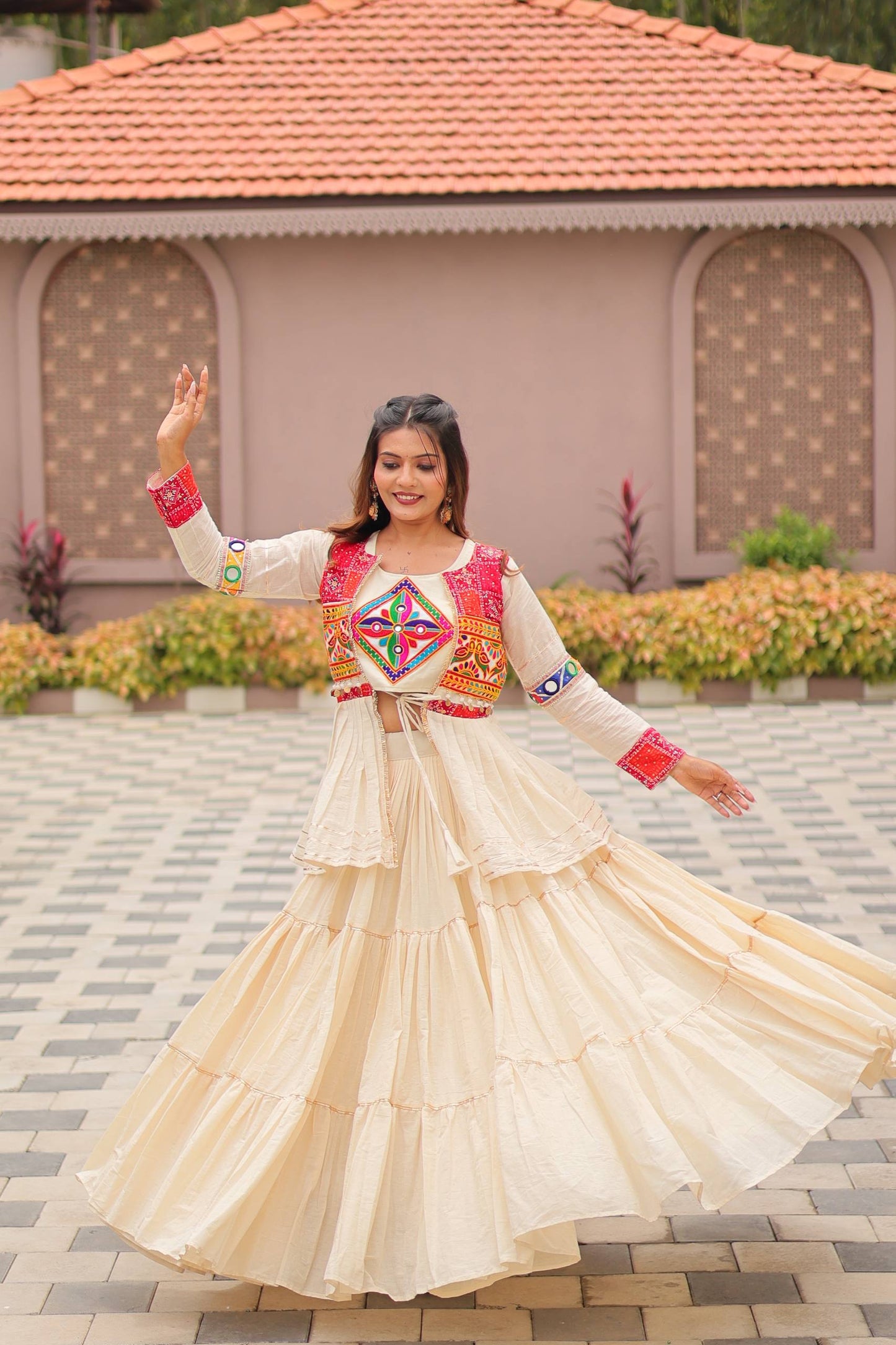 Navratri Special Gamthi Embroidery Lehenga Choli with Mirror and Ribbon Lace – Pure Cotton, Fully Stitched, 9 Meter Flair