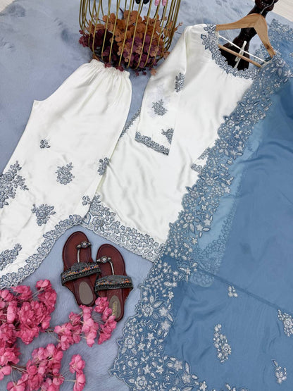 New Designer Party Wear Pure Roman Glass Embroidered Top with Fancy Palazzo and Dupatta Set