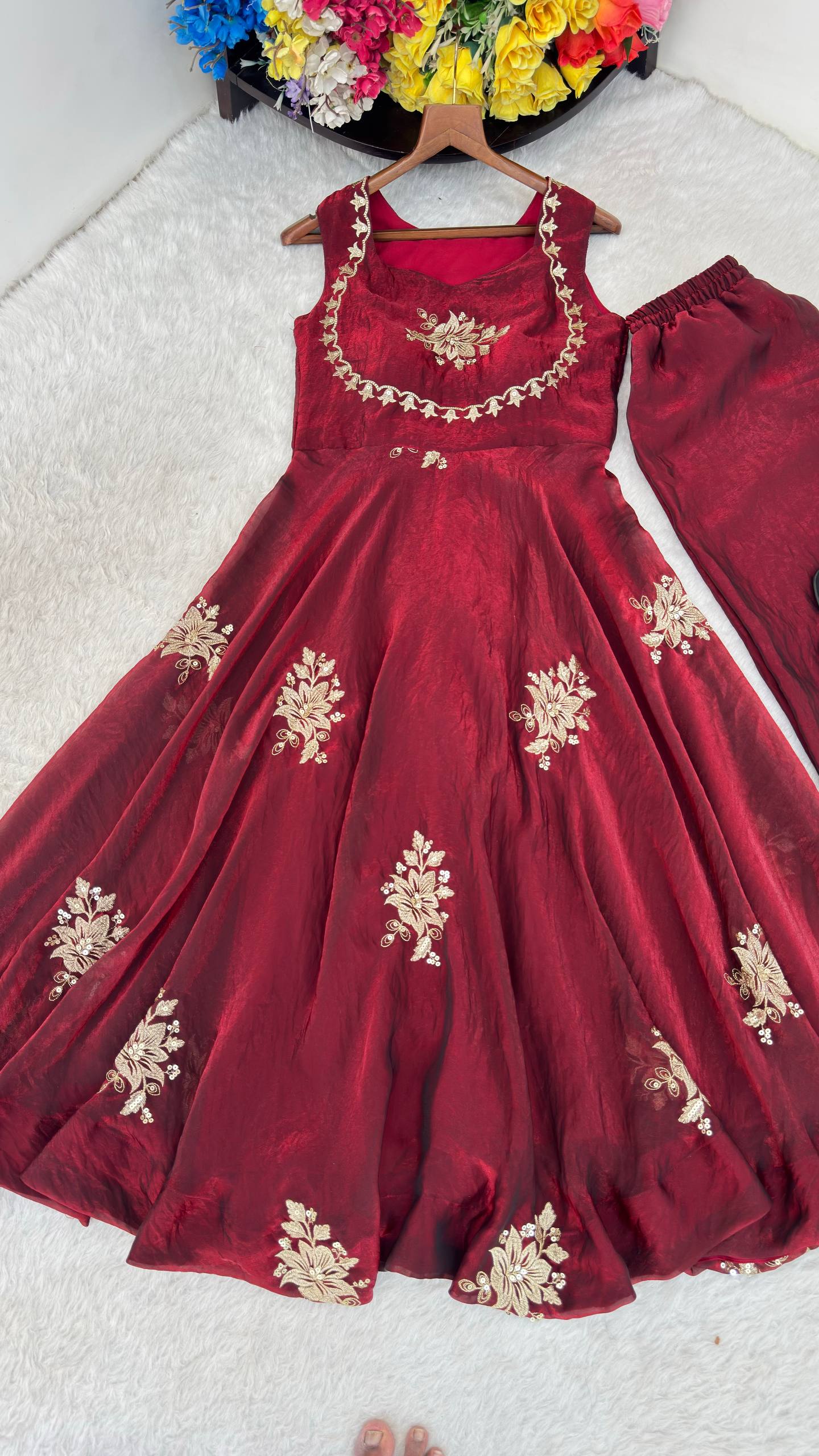 Elegant Party Wear Fendi Satin Gown Set with Dupatta and Pants Featuring 3mm Metallic Sequins and Intricate Zari Embroidery