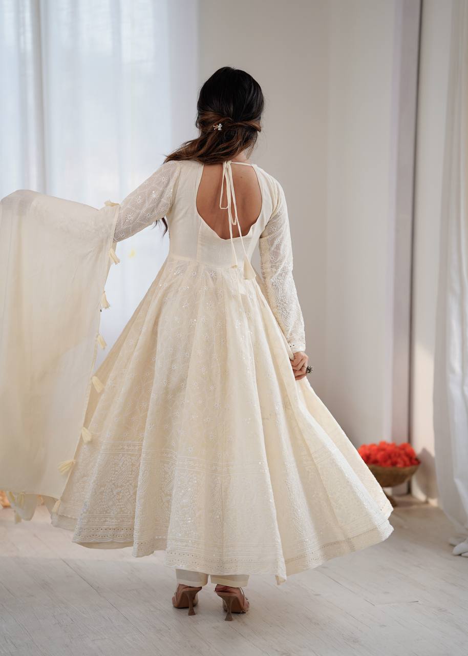 Elegant Anarkali Gown Set with Bottom and Dupatta – Pure Kora Cotton, Fully Stitched, Ready to Wear