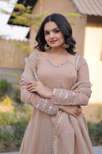 RangBhoomi Silver Mirror Lace Gown with Dupatta - Elegant Occasion Wear