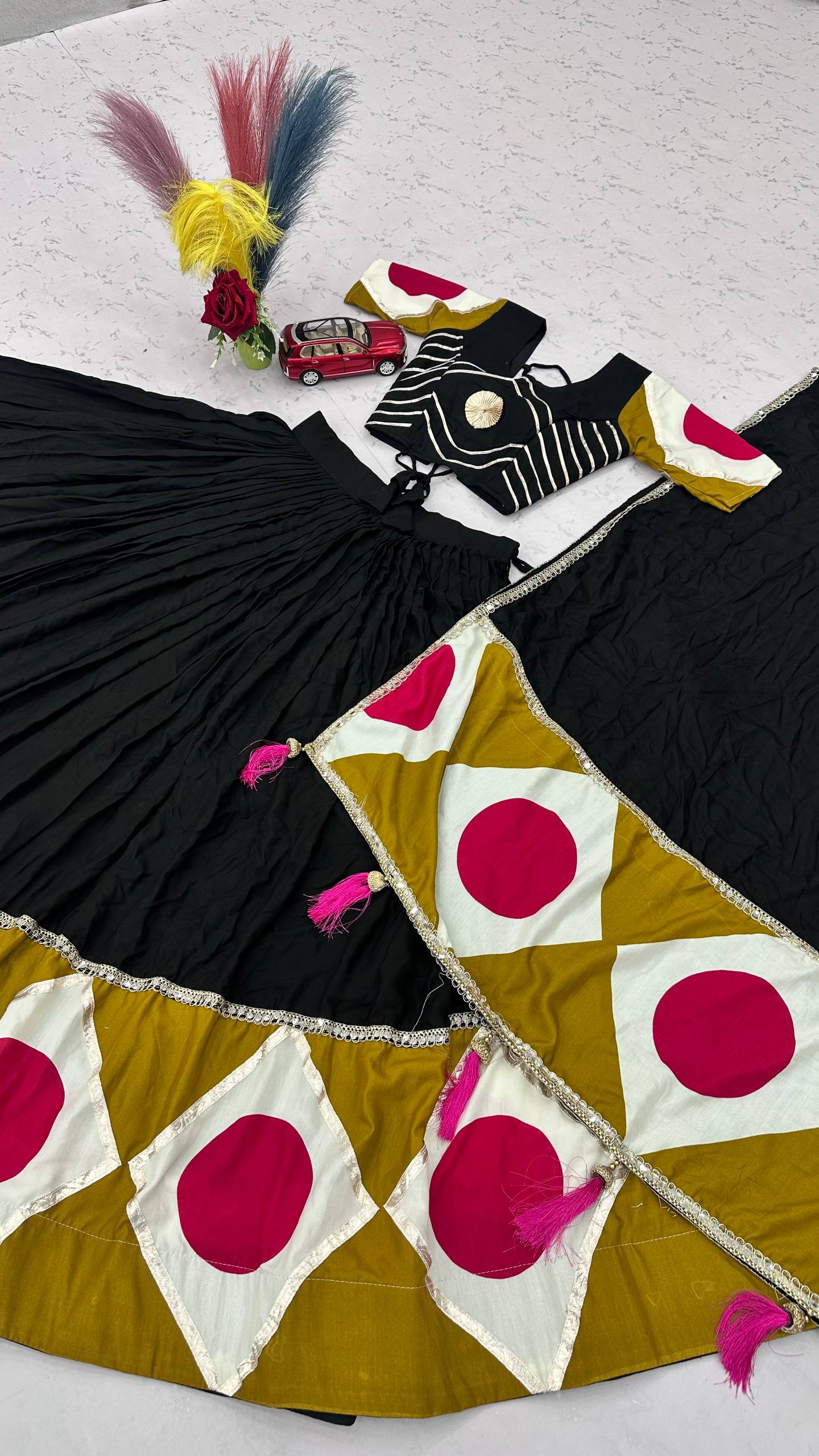 RangBhoomi Navratri Special Pure Cotton Lehenga Choli with Dupatta – 6m Flair, Gota Patti Work