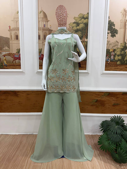 RangBhoomi Heavy Embroidered 3-Piece Suit Set with Fancy Lace (Faux Georgette)