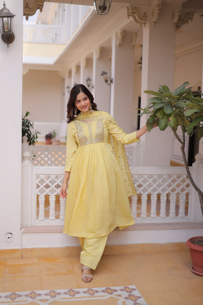 Premium Ready-to-Wear Mal Mal Chanderi Gown Set with Roman Silk Pants and Embroidered Dupatta