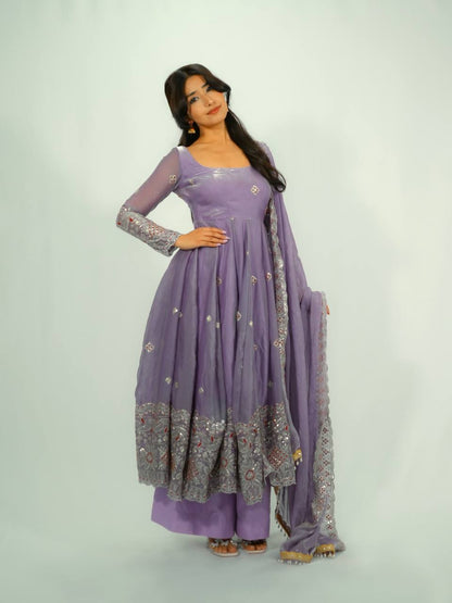 RangBhoomi Designer Party Wear Two-Tone Fandy Silk Embroidered Gown with Dupatta & Plazo