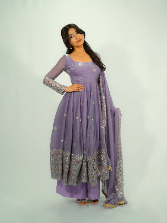 RangBhoomi Designer Party Wear Two-Tone Fandy Silk Embroidered Gown with Dupatta & Plazo