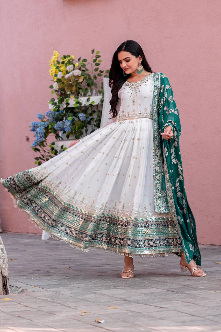 Elegant Party Wear Heavy Faux Georgette Gown with Embroidered Dupatta and Bottom Set