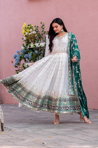 Elegant Party Wear Heavy Faux Georgette Gown with Embroidered Dupatta and Bottom Set