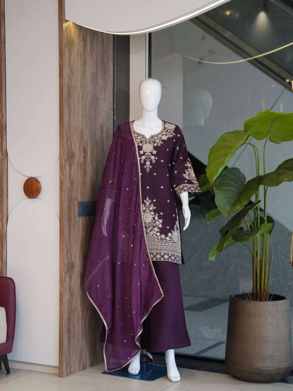 Luxury Fusion Style Designer Ensemble – Elegant Roman Silk Set with Embroidery, Sequins & Nazmeen Dupatta