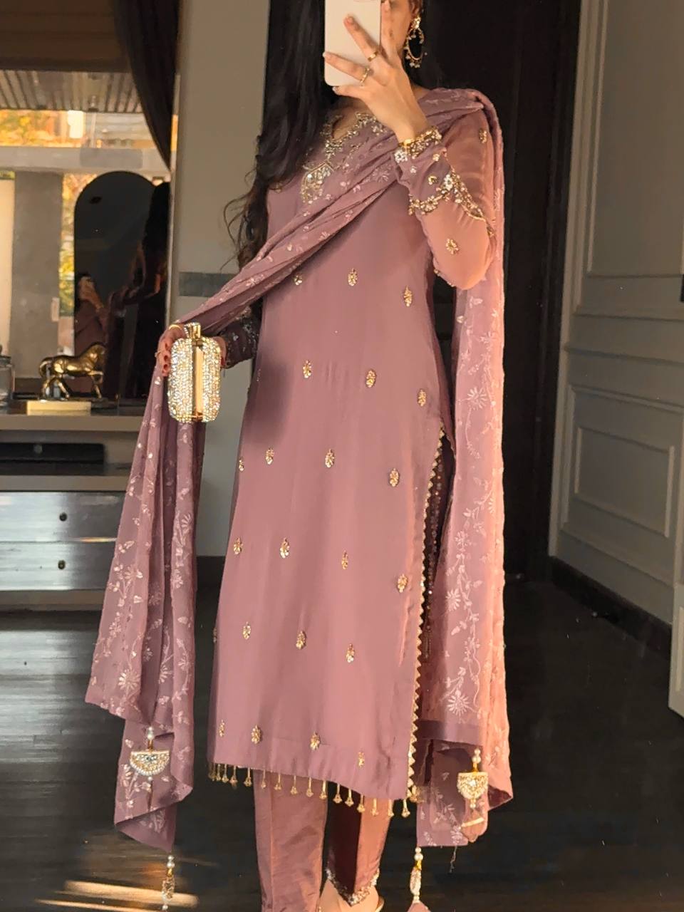 Embroidered Sequined Faux Georgette Top, Bottom, and Dupatta Set – Fully Stitched and Ready to Wear