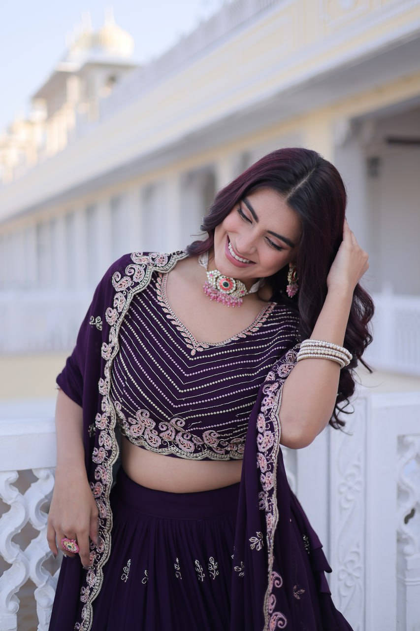 Embroidered Fox Blooming Lehenga Choli Dupatta Set with Zari Work