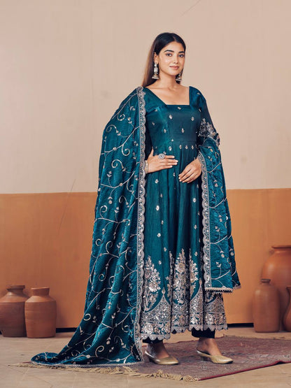 RangBhoomi Designer Party Wear Gown Set — 10 Colors, Heavy Jelly Shimmer Silk, Fully Stitched Embroidered Gown with Dupatta & Micro-Cotton Pant