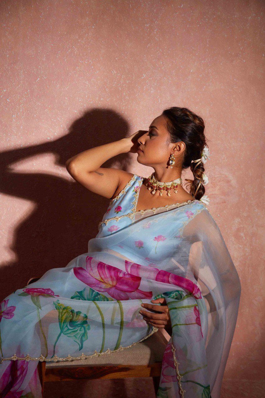 Ready To Wear Organza Silk Saree - Floral Printed