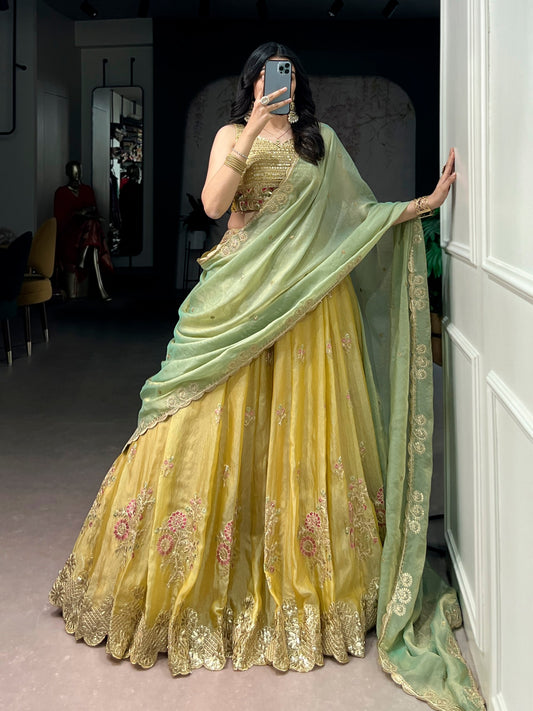 Sunlit Grace Embroidered Pastel Lehenga Set in NC Moss Silk with Sequins and Thread Work