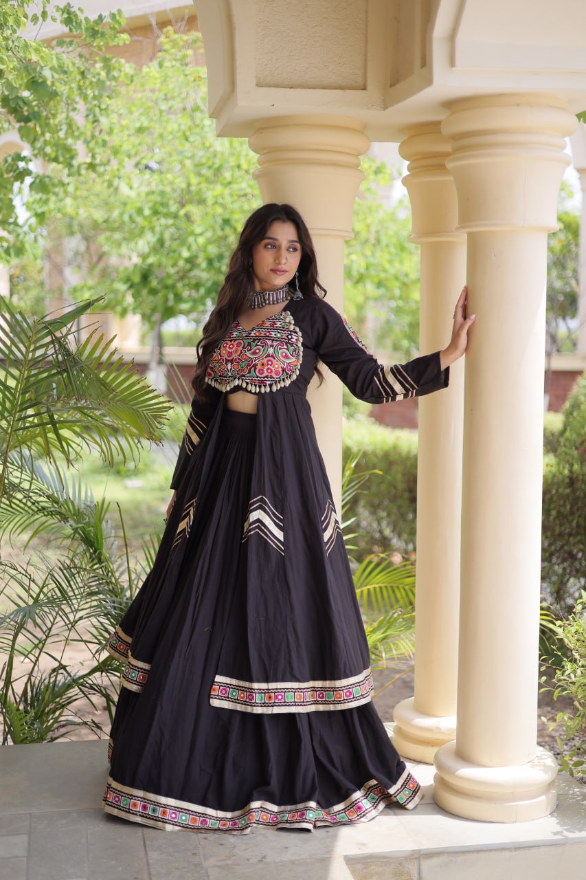 RangBhoomi Feather-Light Jacket Lehenga Set – Lotus Handwork, Long Jacket Ready-to-Wear
