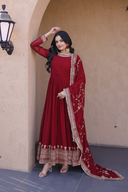 RangBhoomi Premium Maroon Embroidered Faux Blooming Ready‑Made Gown with Dupatta