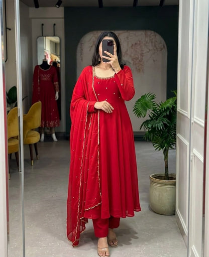 RangBhoomi EHSAAS Georgette Handwork Anarkali Suit Set — Flared Anarkali with Dupatta & Plazzo