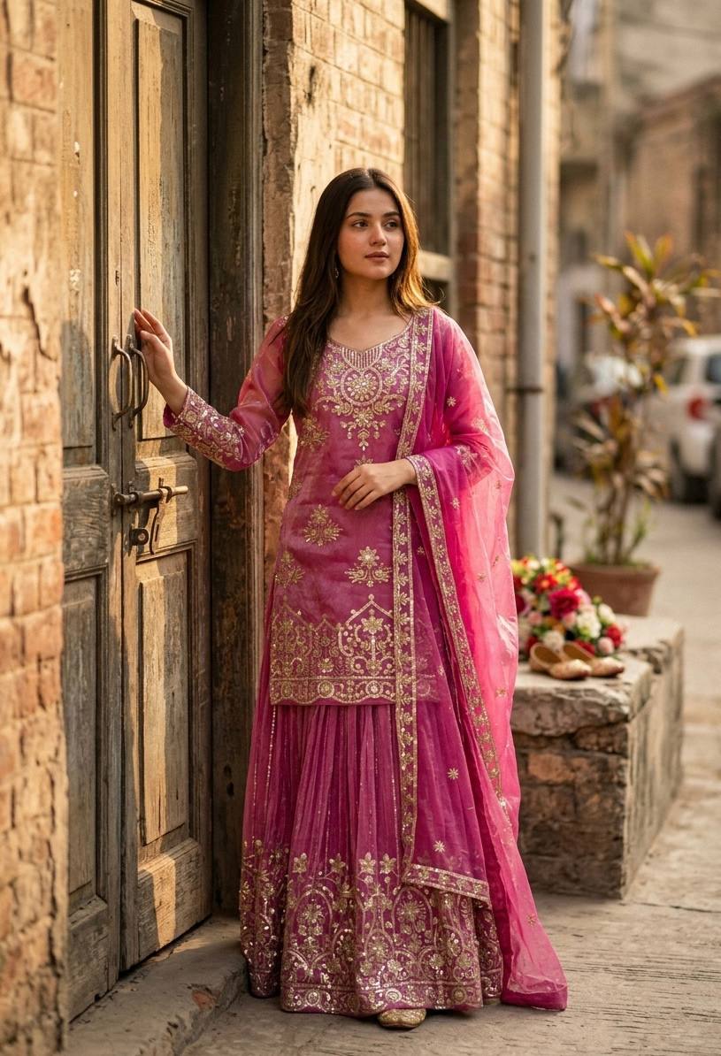 RangBhoomi Orgenza Twine Net Top, Sharara & Dupatta Set — Embroidered Ready-to-Wear