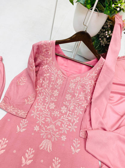 Exclusive and Comfortable Kurta, Palazzo, and Dupatta Set with Elegant Embroidery for Everyday Wear