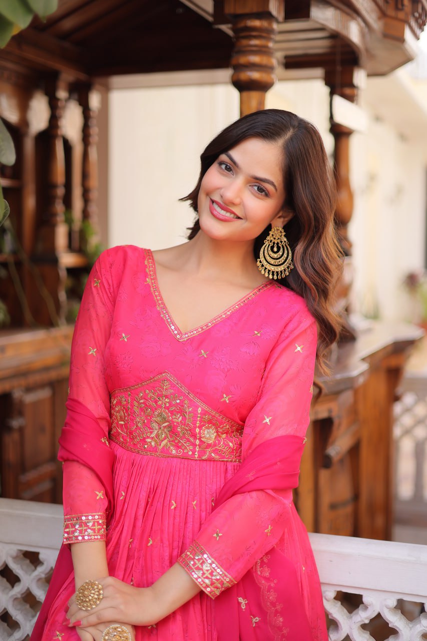 Premium Ready-to-Wear Silk Gown with Embroidered Sequined Dupatta Set