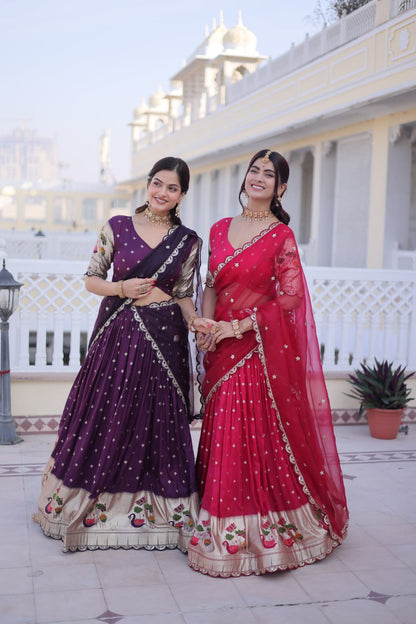 Elegant Three-Piece Traditional Lehenga Choli Set with Dupatta in Pink and Wine