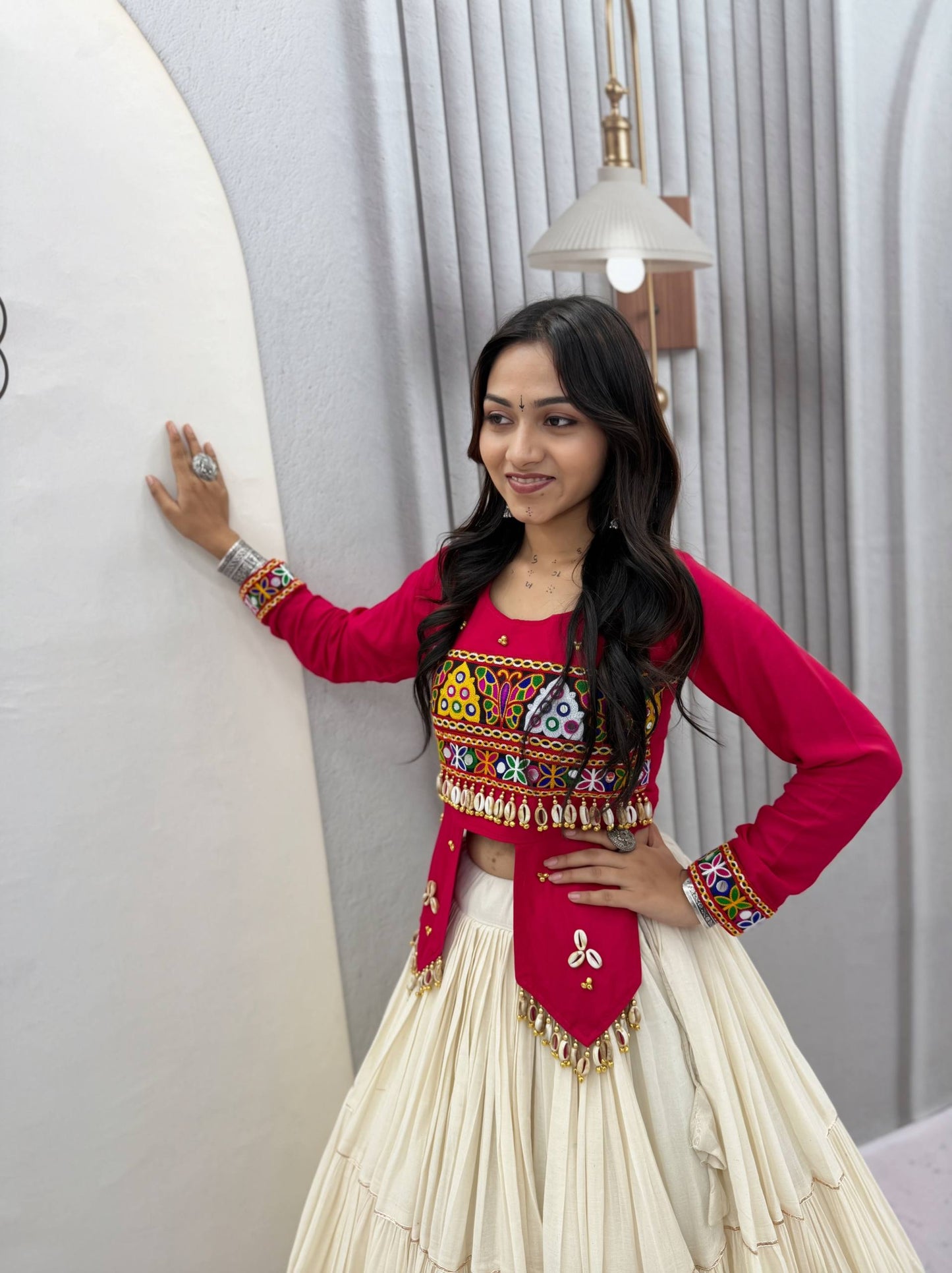 RangBhoomi Navratri Hand-Work 9m Flair Lehenga Choli - Pure Cotton Top & Kora Cotton Skirt