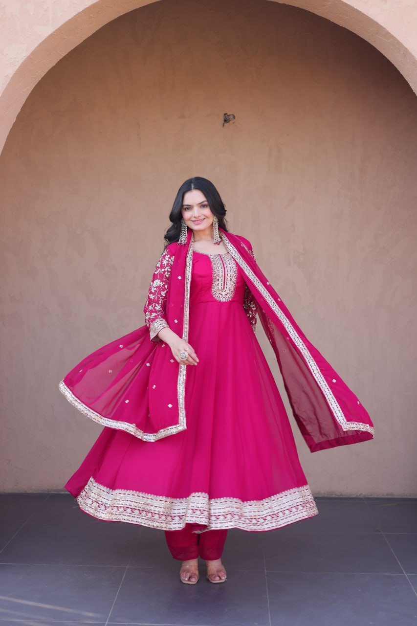 RangBhoomi Premium Readymade Gown Set with Pant & Dupatta - Faux Blooming Embroidered