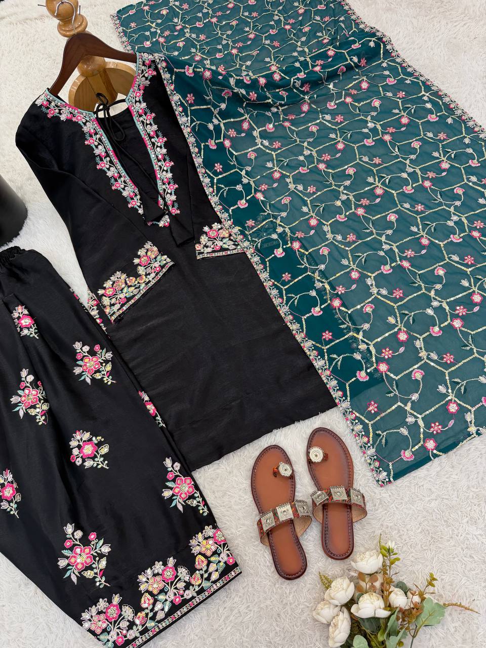 RangBhoomi Elegant Women's Ethnic Wear Set with Heavy Embroidery and Soft Butterfly Net Dupatta
