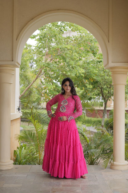 RangBhoomi Navratri Gown 2026 – Laheriya Print with Kutchi Patchwork, Faux Georgette Lined Cotton, Full Sleeve, 56 Inch Length