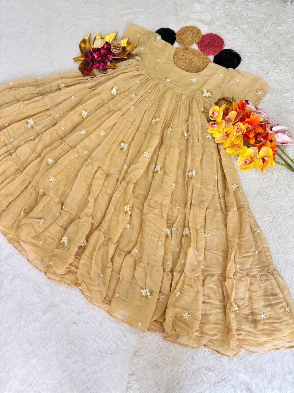 Elegant Floral Mull Cotton Chanderi Midi Gown for Summer – Embroidered, Fully Stitched, Available in Multiple Sizes