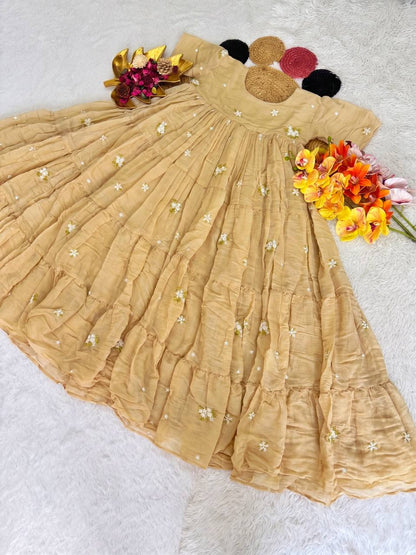 Elegant Floral Mull Cotton Chanderi Midi Gown for Summer – Embroidered, Fully Stitched, Available in Multiple Sizes