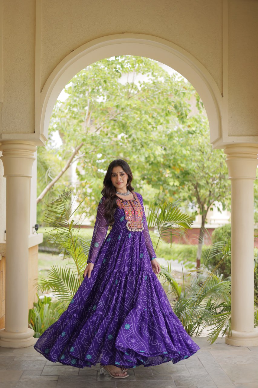 RangBhoomi Bandhani & Kutchi Patchwork Faux Georgette Gown — Festive Navratri Edition