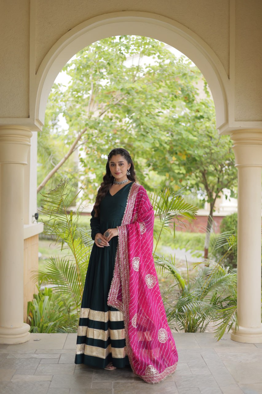 RangBhoomi Navratri Gown & Dupatta Collection 2026 – Full-Sleeve V-Neck Reyon Gown with Georgette Dupatta