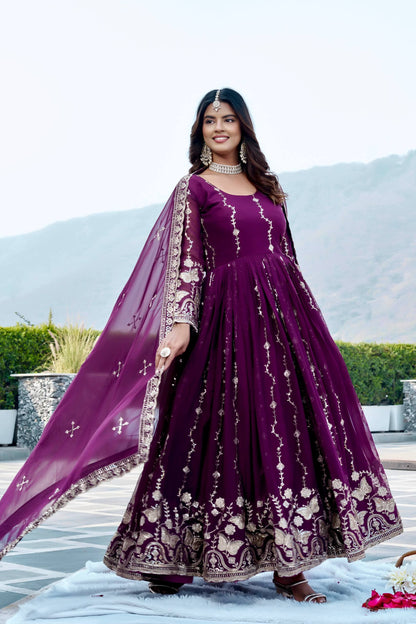 RangBhoomi Festival Long Gown with Matching Dupatta – Elegant Fox Georgette Ensemble with Heavy Sequin Embroidery