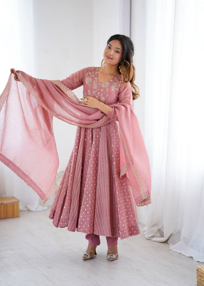 Festive Ready-to-Wear Fully Stitched Anarkali Gown Set with Embroidered Sequins and Lace-Trimmed Dupatta