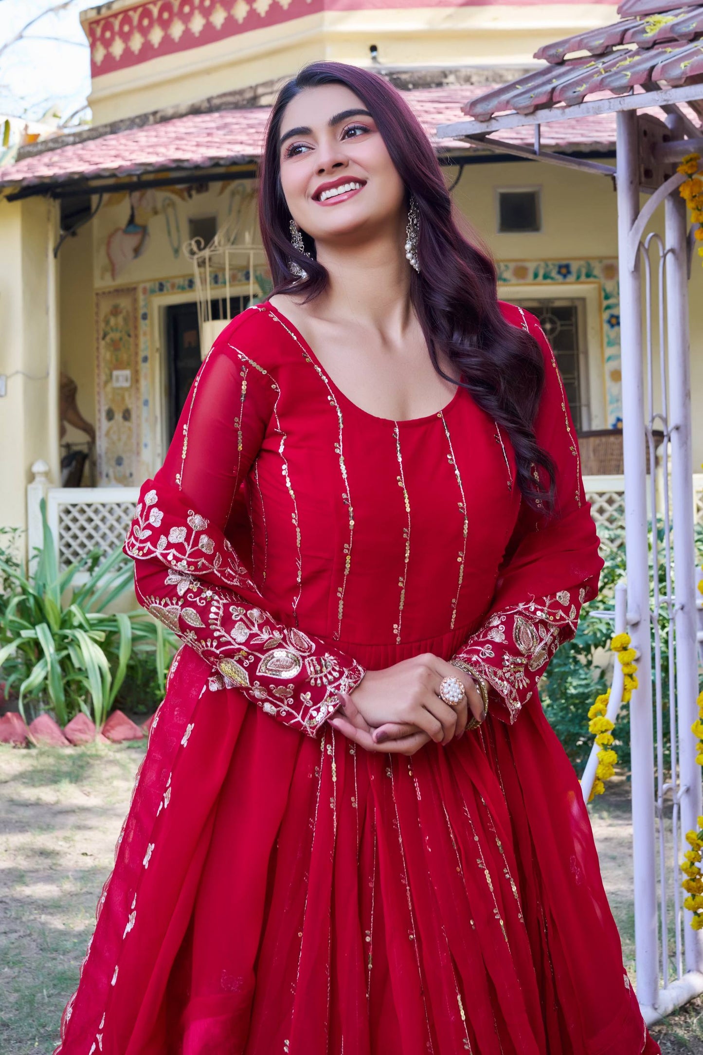 RangBhoomi New Festival Collection Long Gown with Dupatta – Elegant Fox Georgette Fabric with Heavy Sequence Embroidery