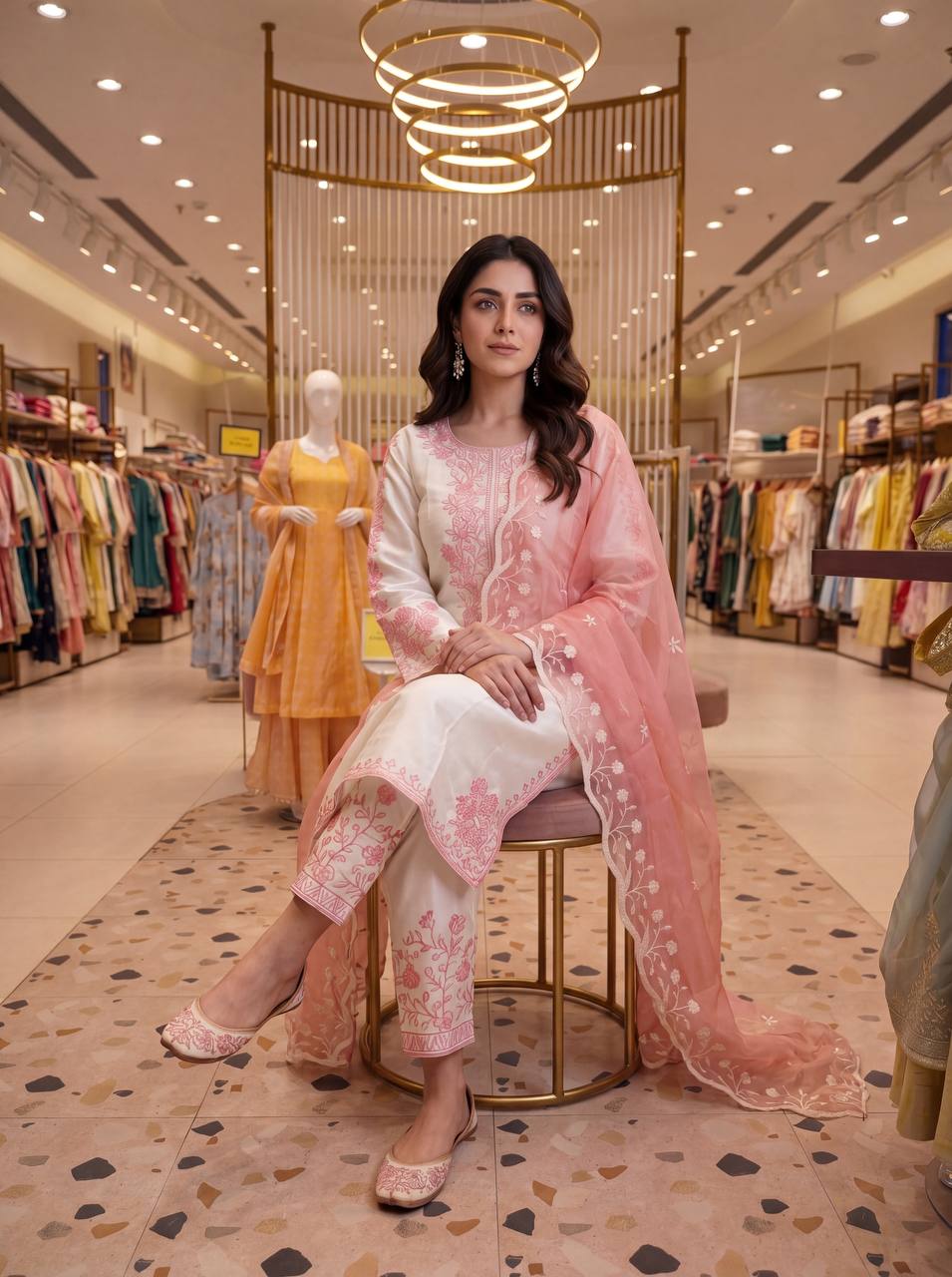 Elegant Party Wear Set Featuring Premium Roman Glass Embroidered Top with Fancy Bell Sleeves and Stylish Palazzo Pants with Dupatta