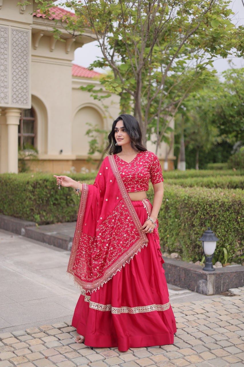 RangBhoomi Glory Satin Embroidered Lehenga Choli Set - Full-Stitched Lehenga with Designer Dupatta