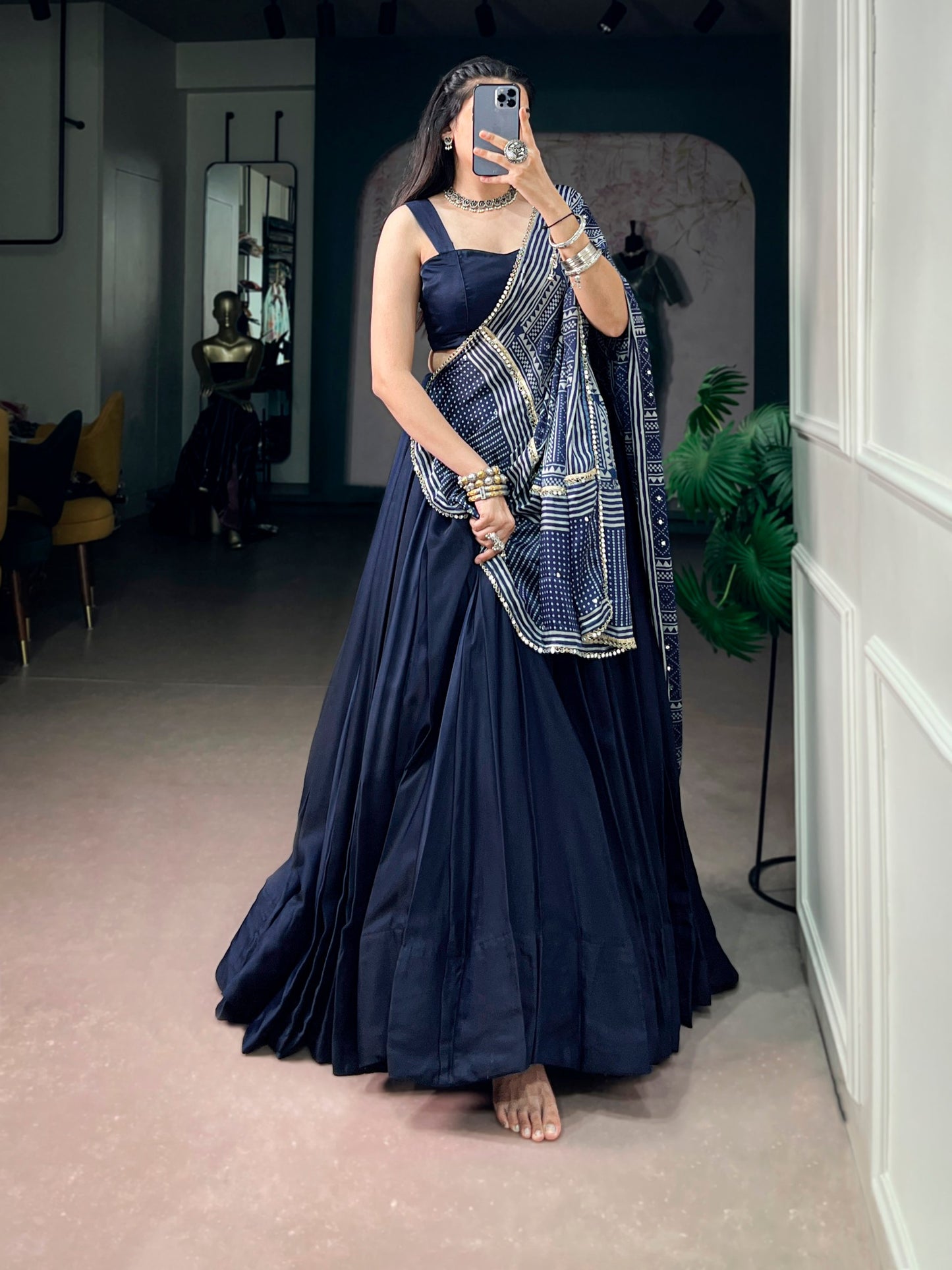 RangBhoomi Moonga Silk Navratri Lehenga Set with Printed Satin Dupatta