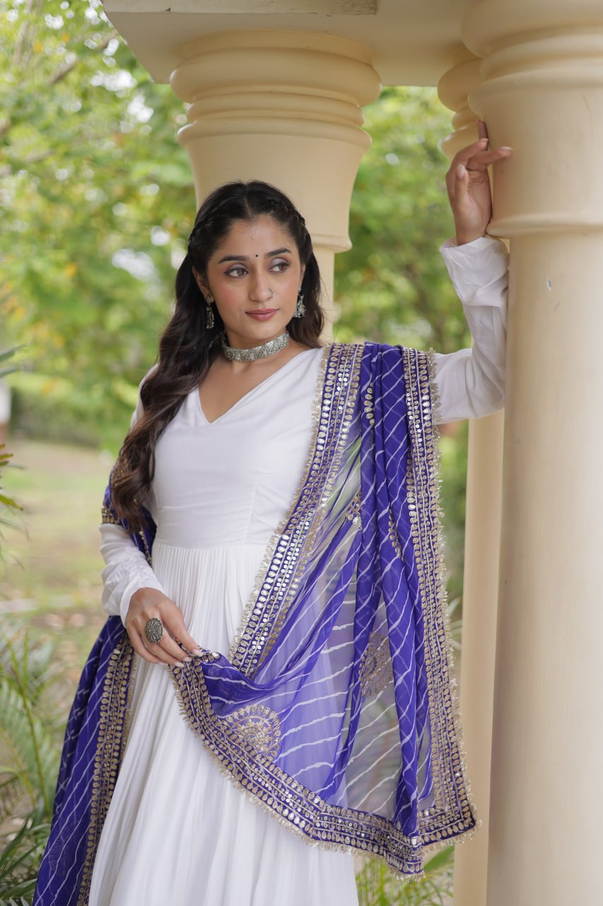 RangBhoomi Navratri Gown & Dupatta Collection 2026 – Full-Sleeve V-Neck Reyon Gown with Georgette Dupatta