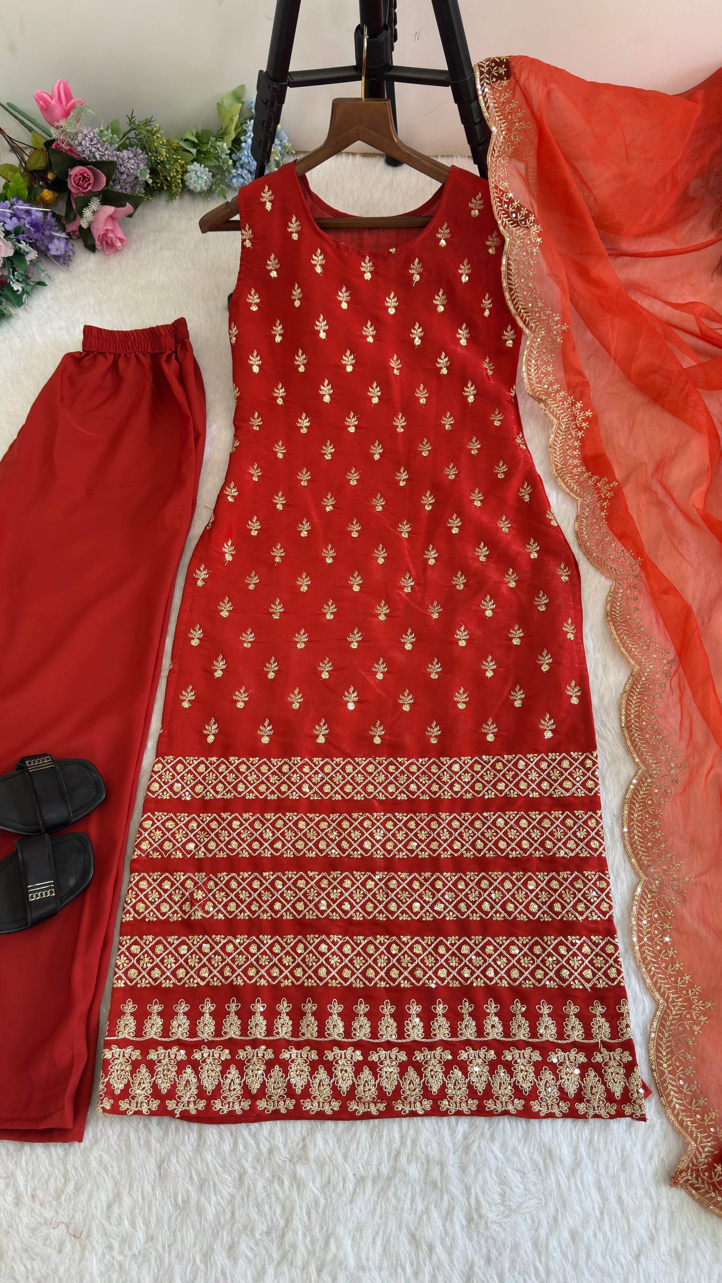 Roman Glass Satin Elegant Women's Suit Set with Golden Zari and Sequins Detailing