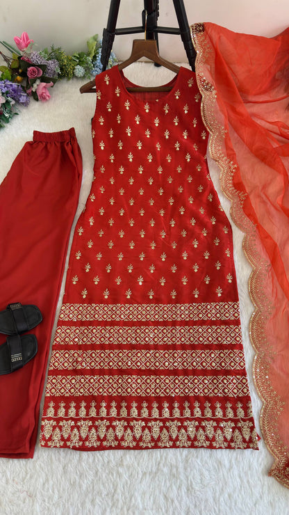 Roman Glass Satin Elegant Women's Suit Set with Golden Zari and Sequins Detailing