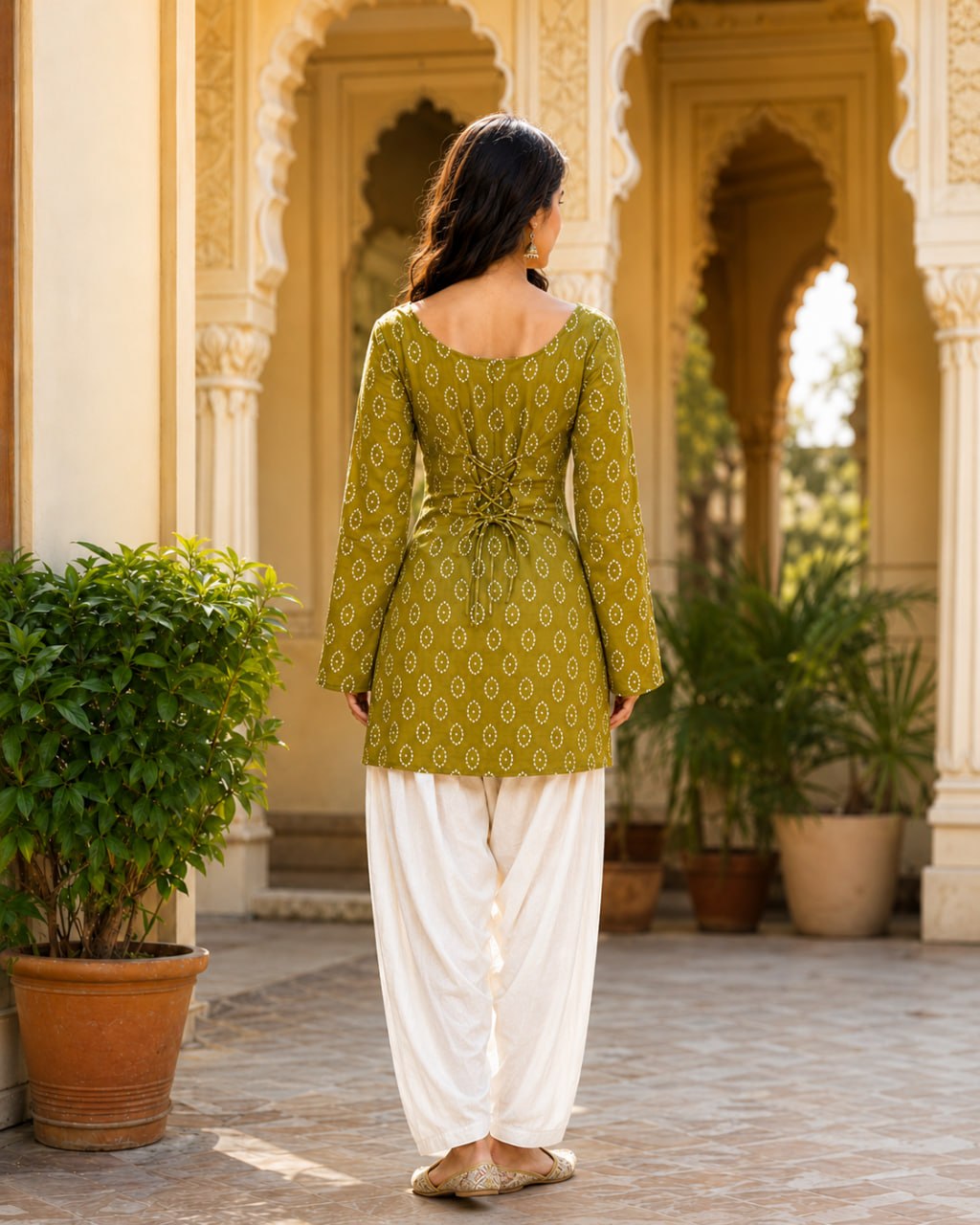 RangBhoomi Premium Cotton Bandhej Printed Top and Linen Cotton Farsi Style Pant Set