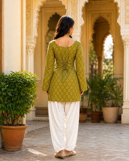 RangBhoomi Premium Cotton Bandhej Printed Top and Linen Cotton Farsi Style Pant Set