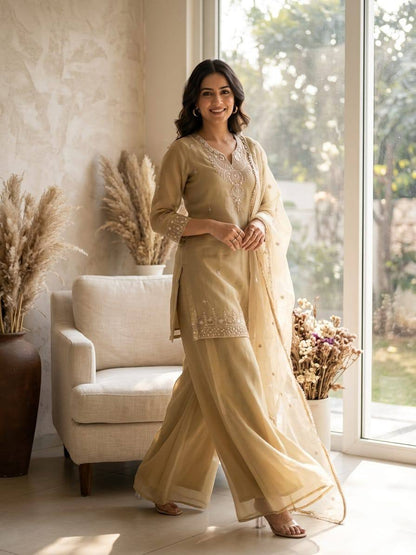 Designer Fusion Style Luxury Edition Women's Ethnic Set with Sequined Cosmos Fabric and Organza Lace Dupatta