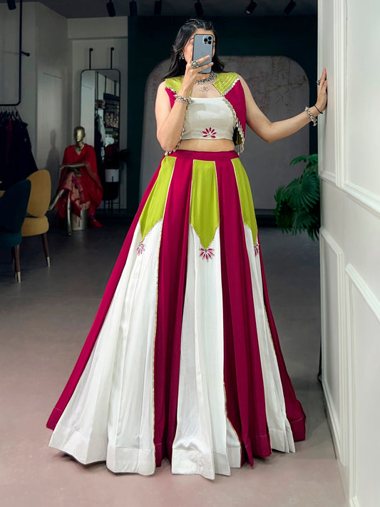 RangBhoomi Elegant Navratri Ensemble 2026 – Pure Rayon Lehenga with Gota Patti Lace, Pearls, and Shell Tassels